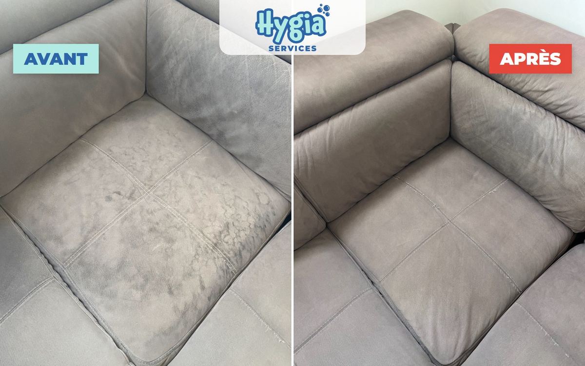 Avant / après : assise de canapé taupe très marquée, puis nettoyée