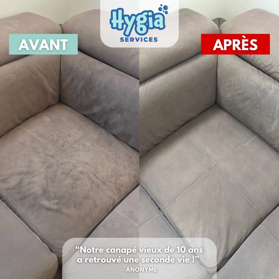 Avant / après : assise de canapé tachée, puis uniforme après nettoyage