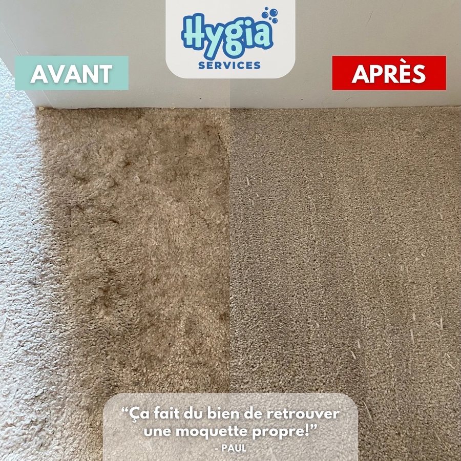 Avant / après : moquette encrassée, puis nette après nettoyage par injection-extraction